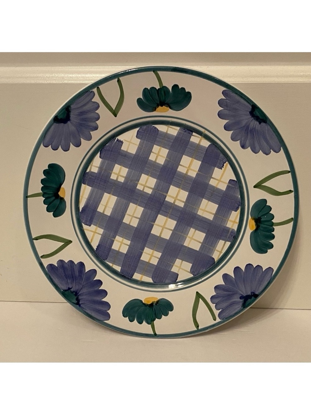CALECA ARIOSO FLORAL PLAID LUNCHEON PLATE BLUE WHITE YELLOW HAND PAINTED ITALY